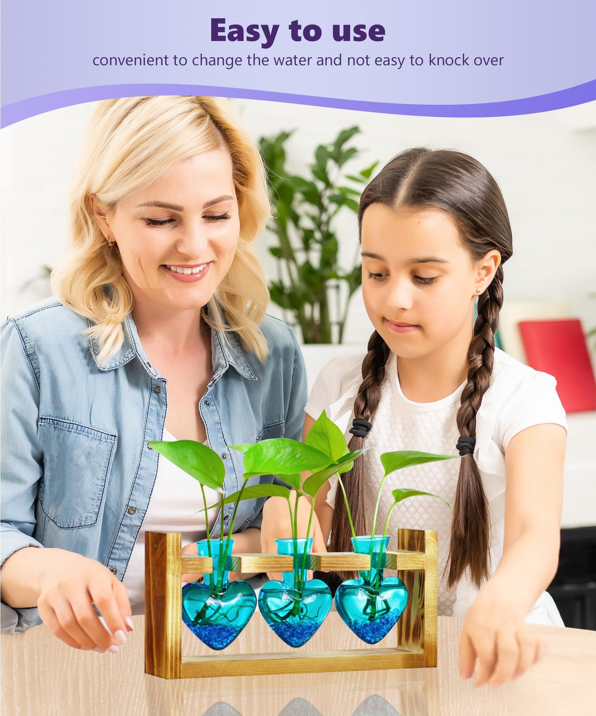 Nacome Plant Terrarium for Office Decor: Birthday Gifts for Plant Lovers Women Mom Wife - Wooden Stand Tabletop Planter 3 Bulb Glass Vase Heart Shaped for Hydroponics Indoor Home