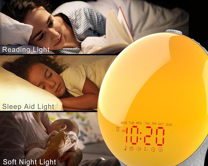 Wake Up Light Sunrise Alarm Clock for Kids, Heavy Sleepers, Bedroom, Upgraded Full Screen with Sunrise Simulation, Sleep Aid, Dual Alarms, FM Radio, Nightlight, 14 Colors, 7 Sounds, Fabric Light Gray