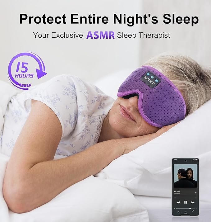 Sleep Mask with Bluetooth Headphones Wireless, TOPOINT 3D Eye Mask for Sleeping Headphones Women Men with Noise Canceling Earbuds, Thin Speaker, Blackout, 15 Hours for Travel, Meditation, CPAP Users