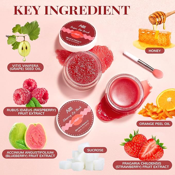 ANAI RUI Turmeric Lip Treatment Set & Strawberry Lip Care Kit with Lip Sleeping Mask + Lip Exfoliatot Scrub for Hydrating & Plumping Lips
