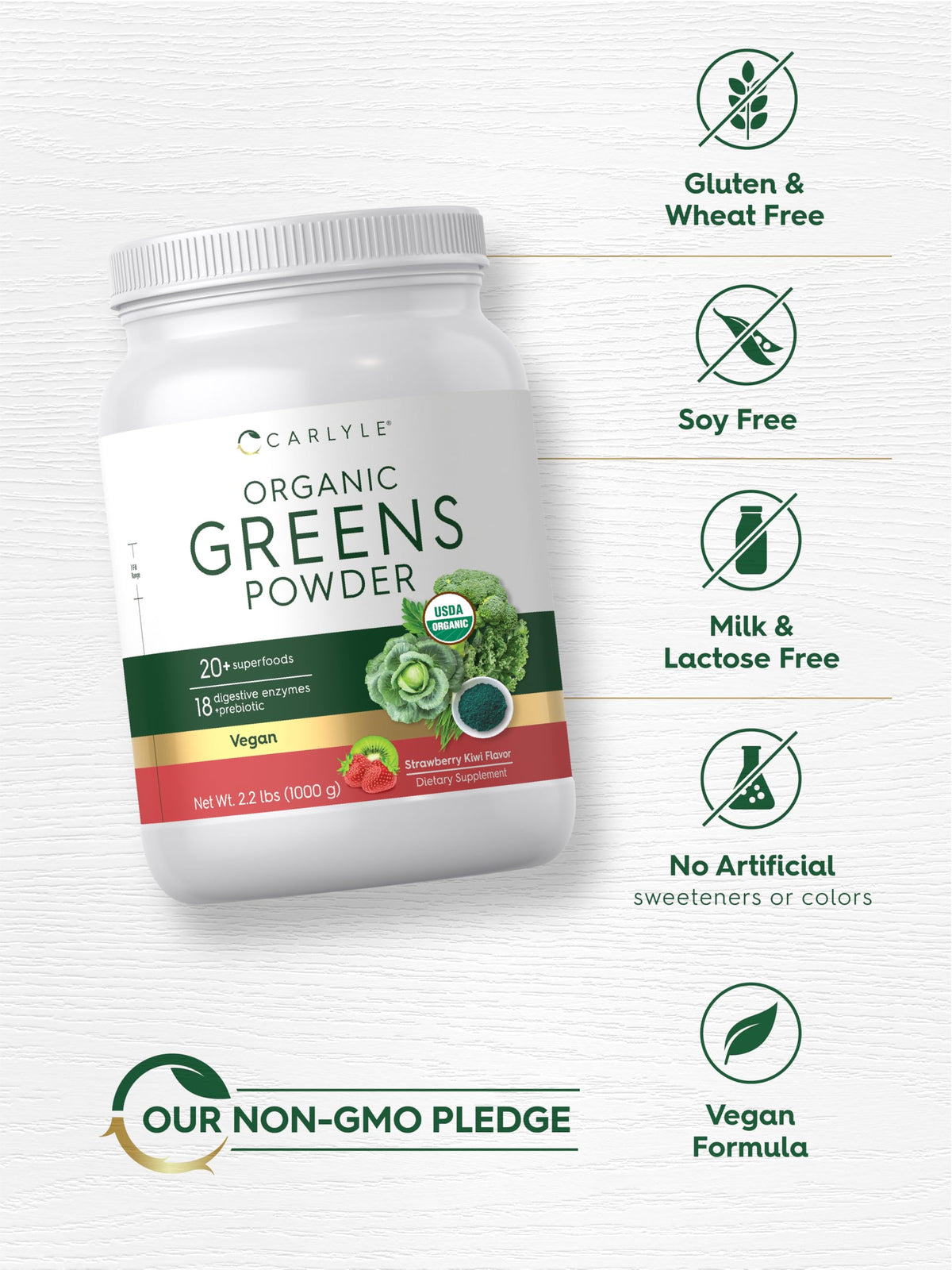 Carlyle Organic Greens Powder | 35.2 oz Supplement | Strawberry Kiwi Flavor | Relieves Occasional Gas, Discomfort & Bloating | with 20+ Superfoods, and Prebiotics | Vegan, Non-GMO and Gluten Free