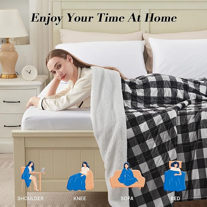 Westinghouse Twin Size Electric Blanket, Soft Flannel to Sherpa Heated Blanket with 10 Heating Levels & 1 to 12 Hours Heating Time Settings, Fast Heating Blanket, Black Plaid, 62x84 Inches