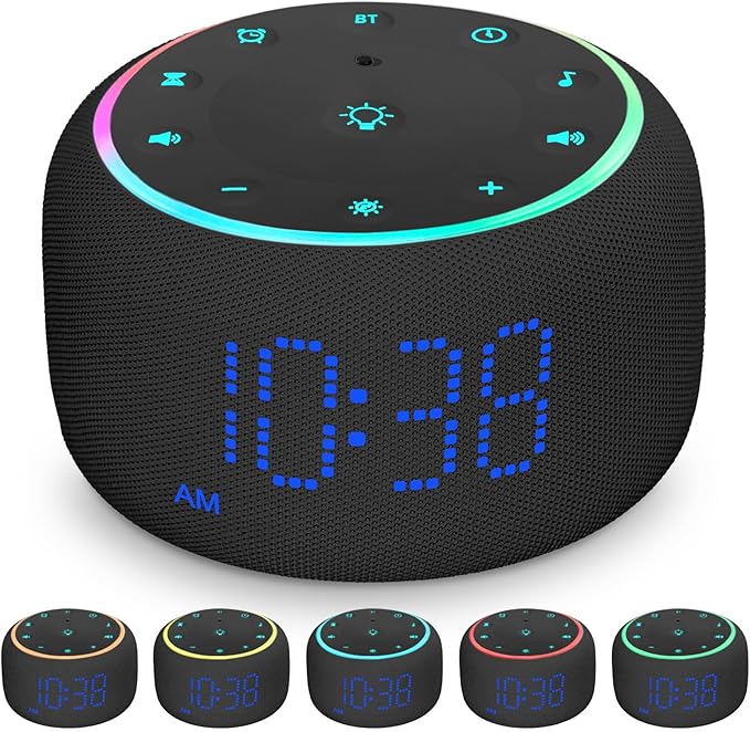 White Noise Machine Alarm Clock for Bedrooms - 5W Stereo Bluetooth Speaker - 24 Soothing Sounds - 9 Night Lights - Auto-Dimmable Digital Alarm Clock Sound Machine for Sleeping