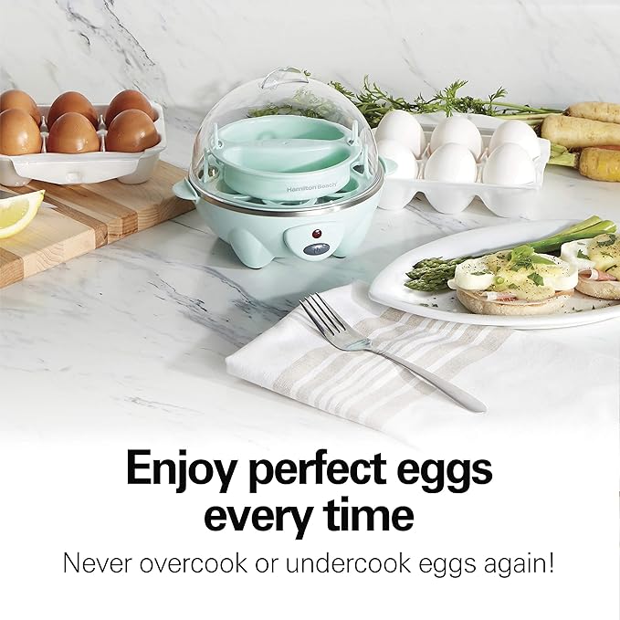 Hamilton Beach Egg Cooker 3-in-1 for Hard Boiled & Poached Eggs, Omelets & Vegetable Steamer, Holds 7, Mint (25504)