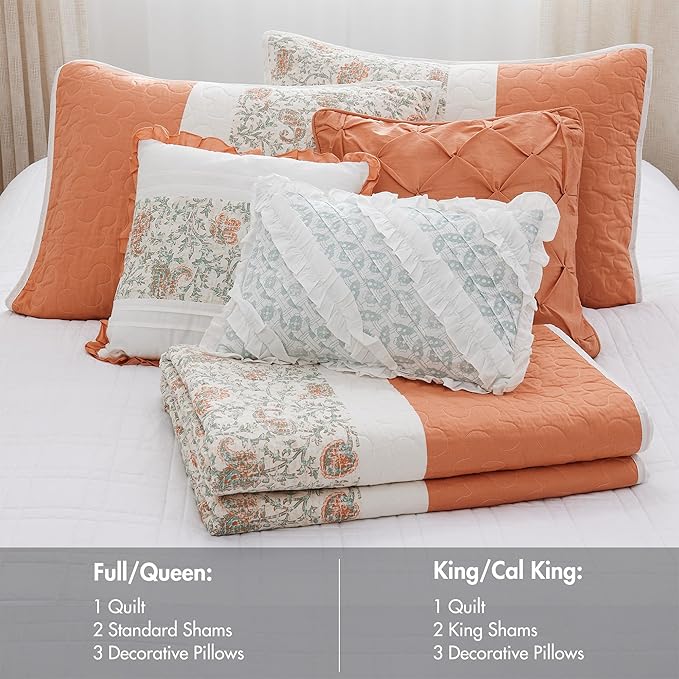 Madison Park 100% Cotton Quilt Set Floral Print, Double Sided Stitching, All Season, Lightweight Coverlet Shabby Chic Bedding Layer, Matching Shams, Full/Queen, Coral 6 Piece