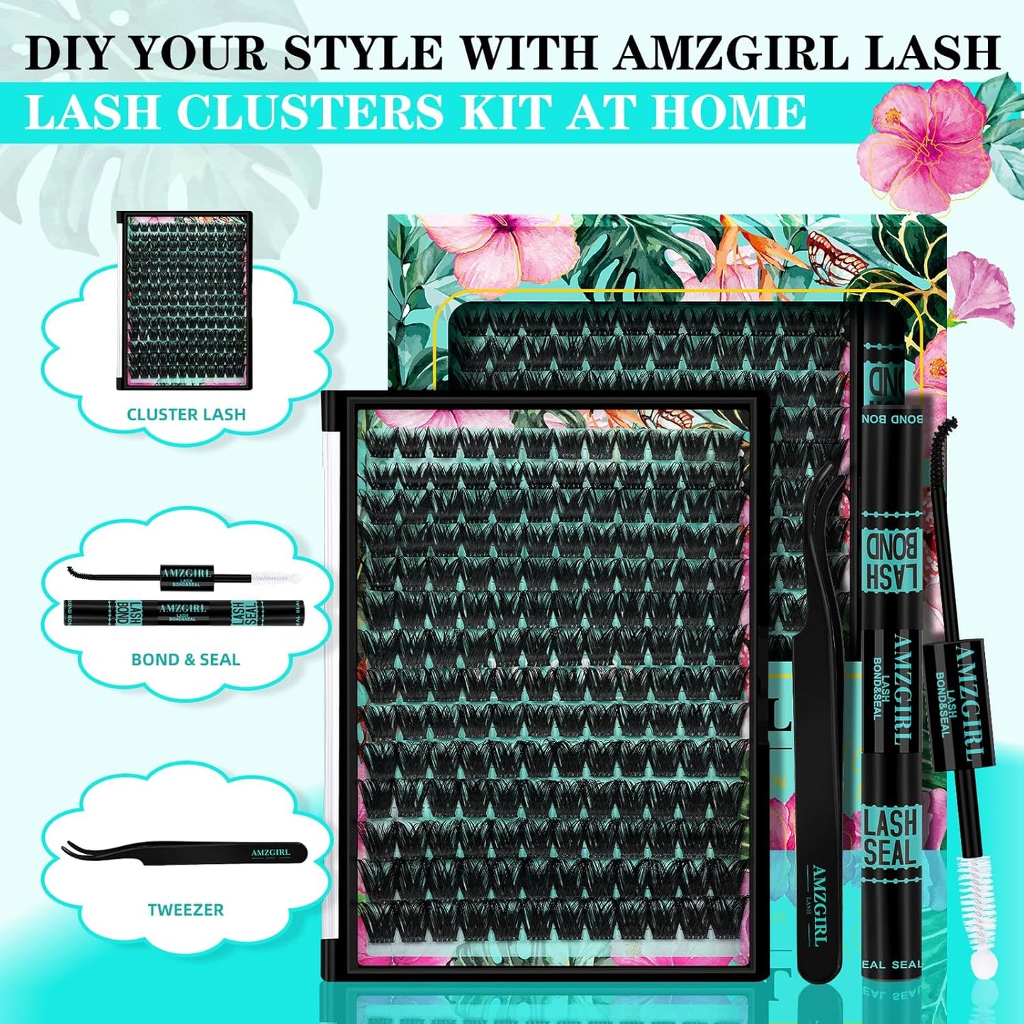 Lash Clusters Kit 168pcs Lash Extension Kit Cluster Lashes Natural Look with Lash Bond and Seal Waterproof, Lash Tweezer with Wet Look Ultra-Thin Band Lashes(Tulip-Kit,D-10-18mm)