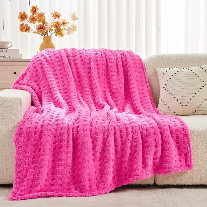NEWCOSPLAY Super Soft Queen Blanket Pink Premium Silky Flannel Fleece 3D Waffle Checkered Lightweight Bed Blanket All Season Use (Hot Pink, Queen(90"x90"))