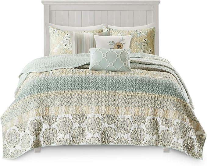 Madison Park 100% Cotton Quilt Set Floral Print, Double Sided Stitching, All Season, Lightweight Coverlet Shabby Chic Bedding Layer, Matching Shams, Full/Queen(90"x90"), Green Yellow 6 Piece