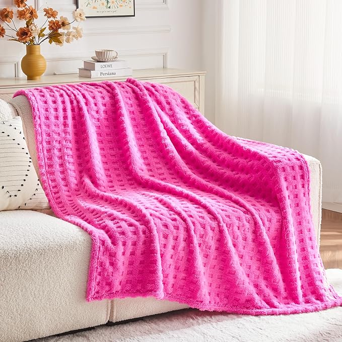 NEWCOSPLAY Super Soft Queen Blanket Pink Premium Silky Flannel Fleece 3D Waffle Checkered Lightweight Bed Blanket All Season Use (Hot Pink, Queen(90"x90"))