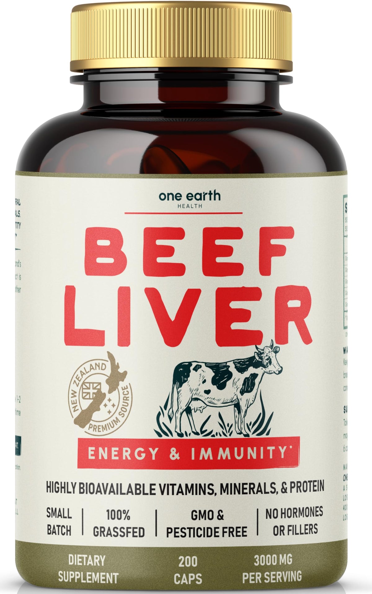 One Earth Health Grass Fed Beef Liver Capsules for Women & Men – Desiccated New Zealand Liver Supplement | Heme Iron, B12 & Folate | Grass-Fed & Finished | 3,000mg, 200 Capsules