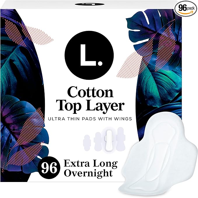 L. Ultra Thin Pads for Women, Overnight Absorbency, Organic Cotton Top Layer, Unscented Pads with Wings, 96 CT