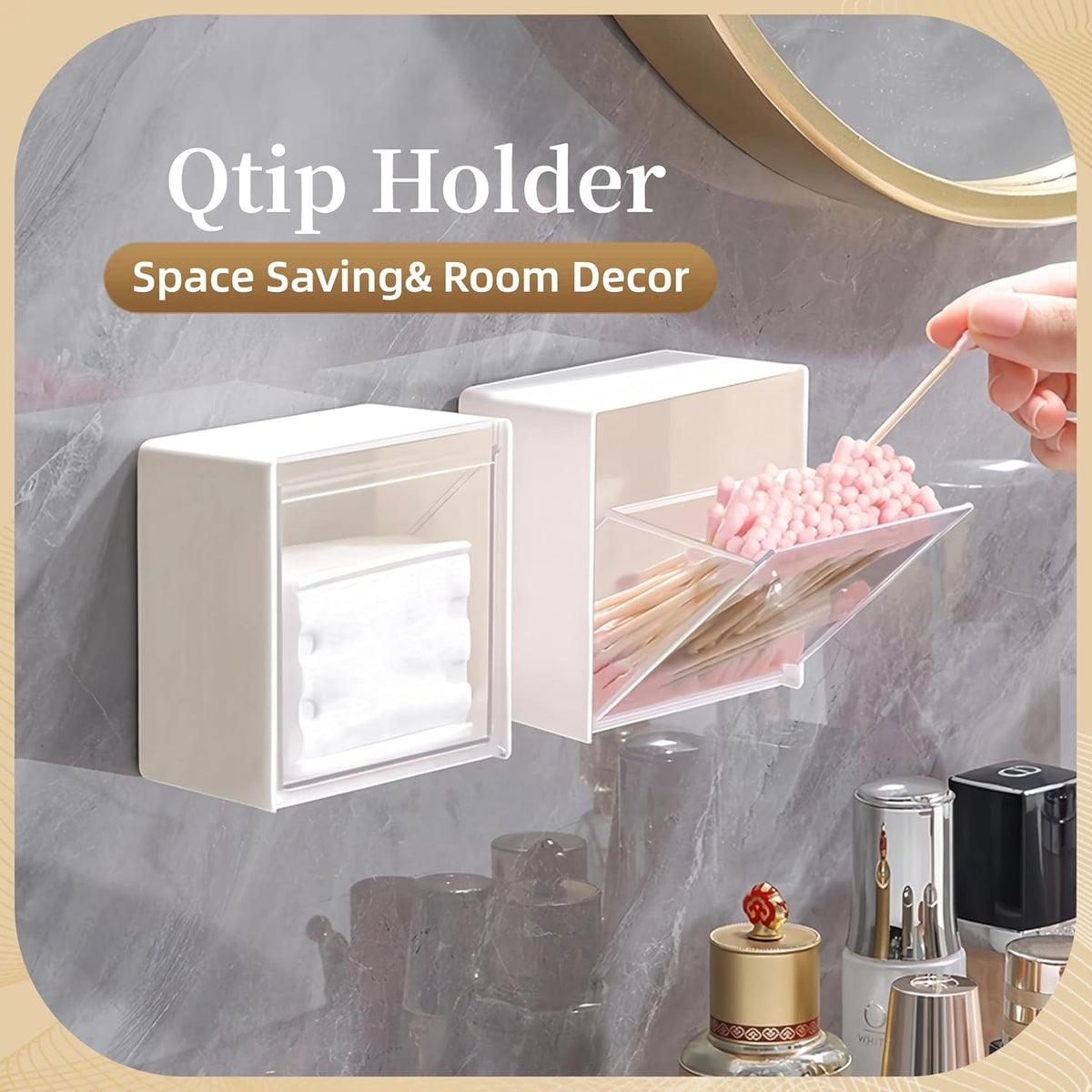 Qtip Holder Wall Mount for Cotton Swabs, Balls, Pads, Hair Ties,Floss Picks- Small Plastic Bathroom Wall Organizers and Storage Set,Bedside Shelf,Home Decor,Dorm Room Essentials (2)