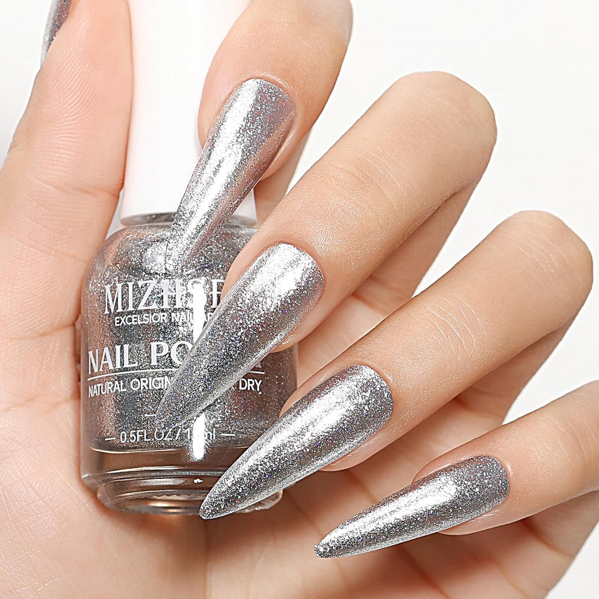 MIZHSE Quick Dry Glitter Silver Nail Polish, Classic Nail Polish Air Dry Fast, 15ml High Glossy Sparkly Shiny Shimmery Nail Art Salon Manicure Home