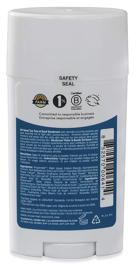 All Good Aluminum Free Deodorant Stick - Natural Deodorant w/Shea Butter & Aloe Vera, Bio-Active Formula, Vegan, Underarm Odor Protection for Men & Women (Tea Tree & Basil)(2-Pack)