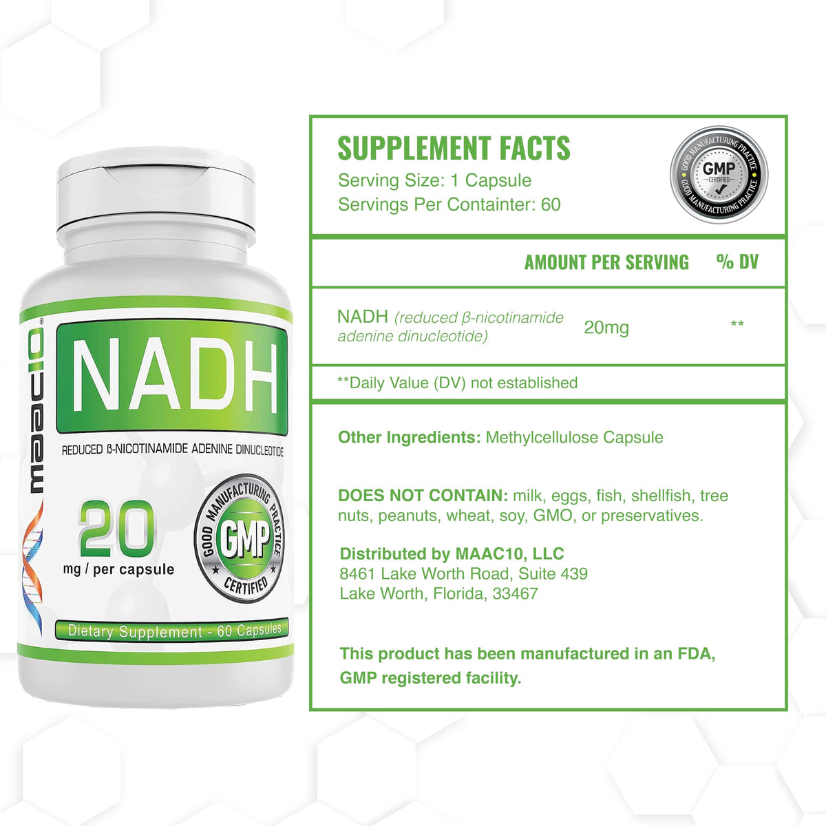 MAAC10 NADH Supplement 20mg Each 60 Capsules for Energy, Fatigue, Mental Focus & NAD+ Longevity Support | Pharmaceutical Grade 99% Pure NADH