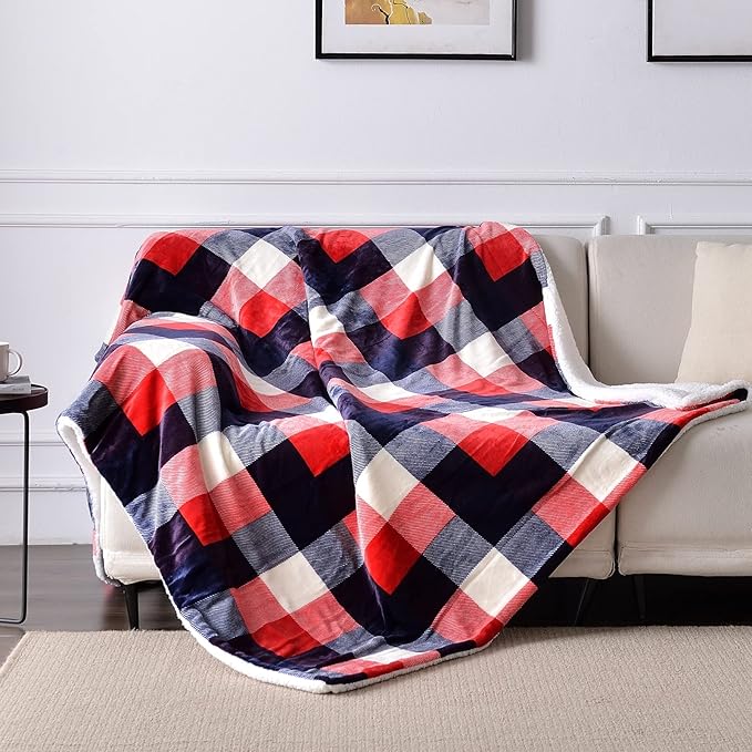 SOCHOW Buffalo Plaid Sherpa Fleece Throw Blanket, Double-Sided Checkered Super Soft Luxurious Bedding Blanket 60 x 80 inches, Red/Blue