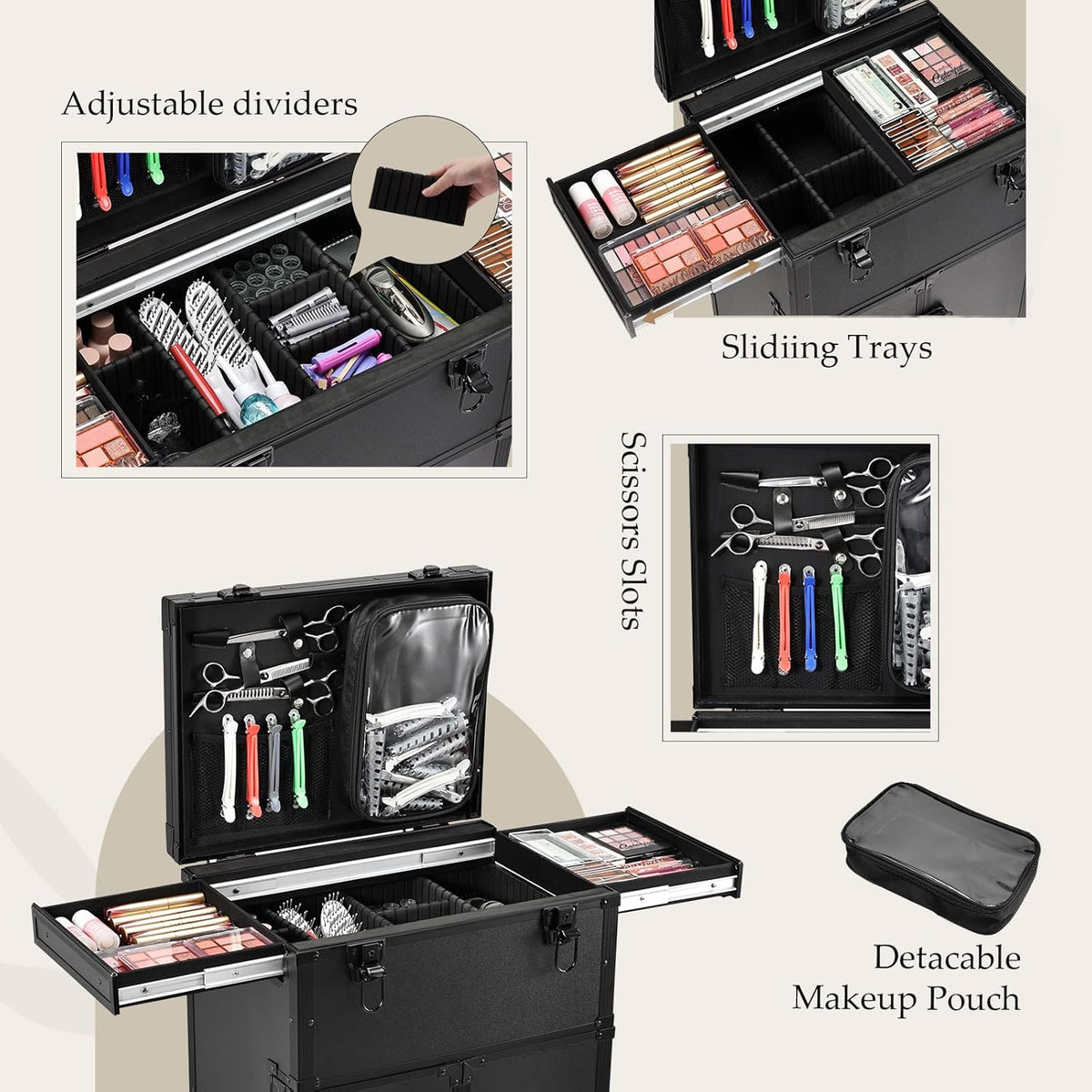 Joligrace Professional Rolling Makeup Case 4 Drawers Pro Makeup Artist Cosmetic Train Case Hairstylist Travel Case Portable Make Up Station with Multiple Compartments Extra Large - Black