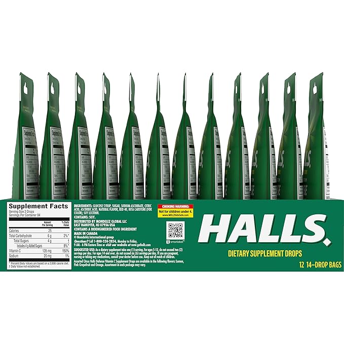 HALLS Defense Assorted Citrus Vitamin C Drops, 12 Packs of 14 Drops (168 Total Drops)