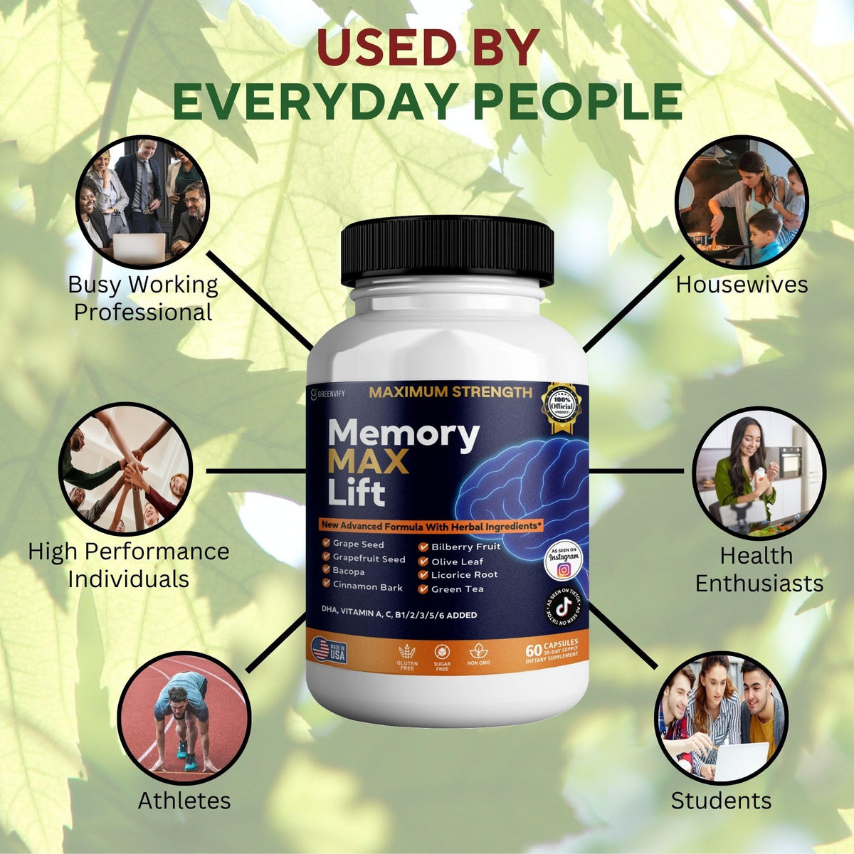 GREENVIFY Memory MAX Lift Brain Support Supplement, Nootropic Cognitive Focus Formula, 60 Capsules