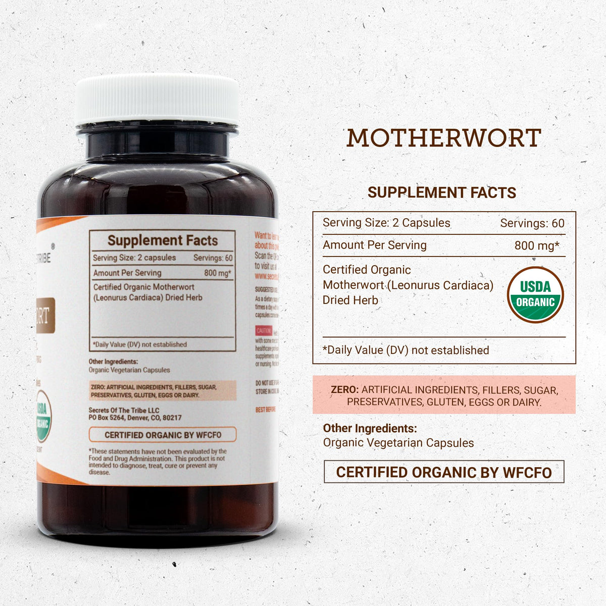 Secrets of the Tribe Motherwort Capsules 800 mg USDA Organic Motherwort (Leonurus Cardiaca) Dried Herb, Cardiovascular Support Supplement (120 Capsules)