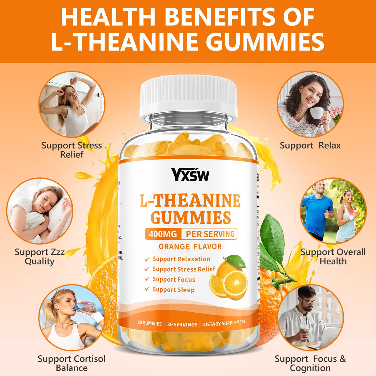 YXSW L-Theanine Gummies, Chewable L-Theanine Supplement for Adults & Kids 400mg with Ashwagandha, GABA, 5HTP for Relax, Zzz & Focus Support, Orange Flavor, 60 Counts