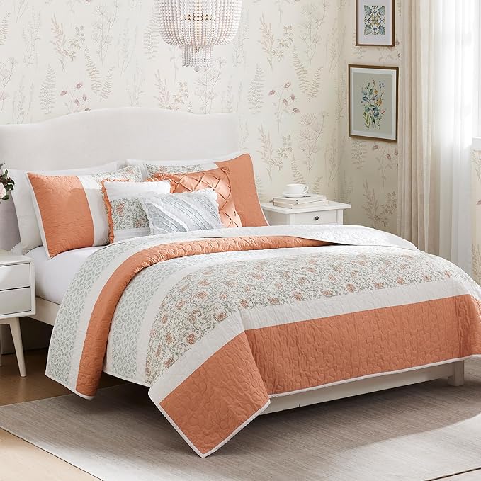 Madison Park 100% Cotton Quilt Set Floral Print, Double Sided Stitching, All Season, Lightweight Coverlet Shabby Chic Bedding Layer, Matching Shams, King/Cal King, Coral 6 Piece