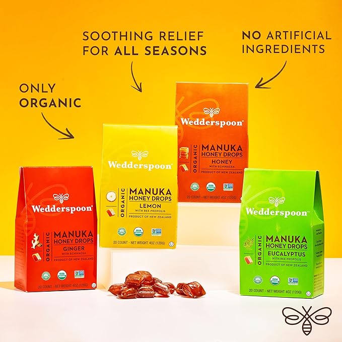 Wedderspoon Organic Manuka Honey Drops, Honey & Echinacea, 20 Count (Pack of 2) | Genuine New Zealand Honey | Perfect Remedy for Dry Throats