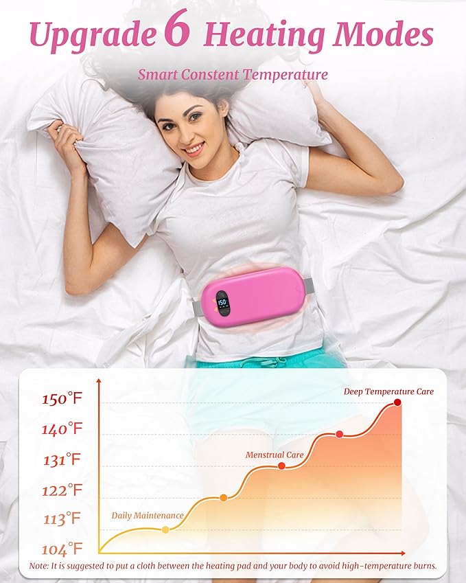 Portable Heating Pad for Cramps, Upgrade Cordless Electric Period Fast Heating Pad for Back Pain Relief Menstrual Belt 6 Heat 6 Massage Modes Gifts for Women Girls Her Girlfriend Rose Pink