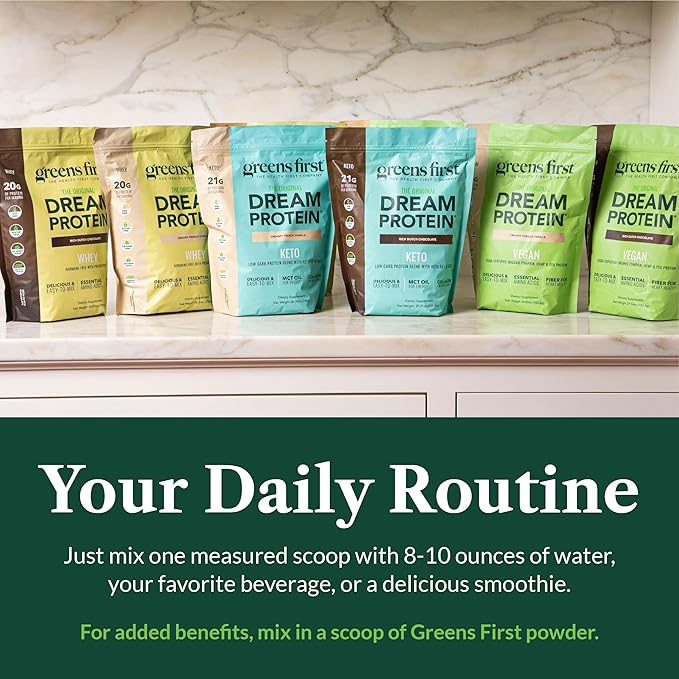 Greens First Dream Protein Powder Whey - 20g Protein Per Serving - Hormone-Free with Prebiotics - Non-GMO - No Artificial Sweeteners/MSG/Aspartame (Caramel Cappuccino, 25 oz)