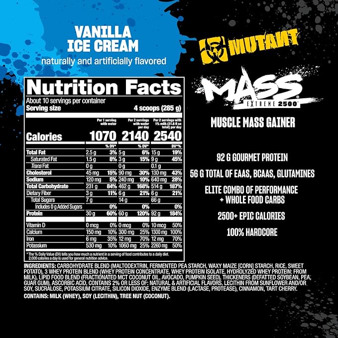 Mutant Mass Extreme Gainer – Whey Protein Powder – Build Muscle Size and Strength – High Density Clean Calories (Vanilla Ice Cream, 6 lbs)