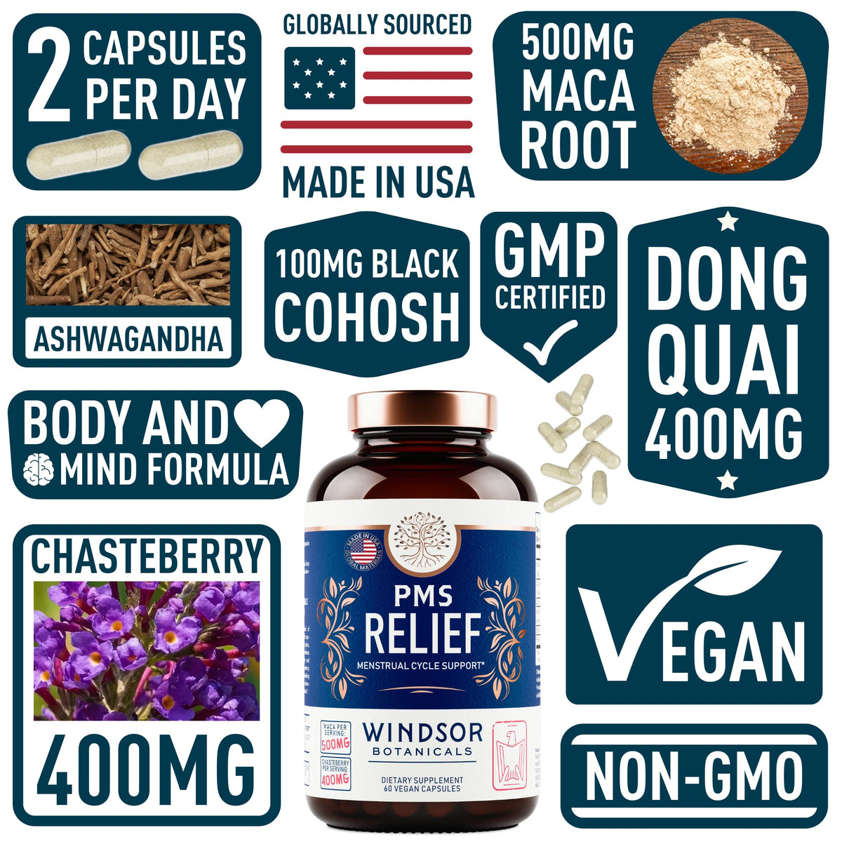 PMS Support Supplement for Women with Chasteberry, Maca Root, Ashwagandha - Period Relief, Bloating Relief for Women, Mood Support, Hormone Balance Herbal Supplements - 30 Day, 60 Vegan Capsules