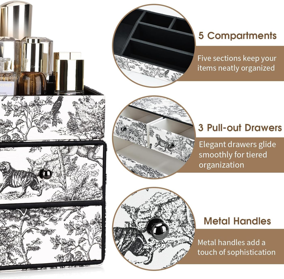 GORESE Leather Makeup Organizer with 3 Drawers for Vanity, Stackable Skincare Holder Dresser Organizer Countertop, Make Up Storage Organizers Counter Cosmetic Display Case Gift for Women(Retro Black)