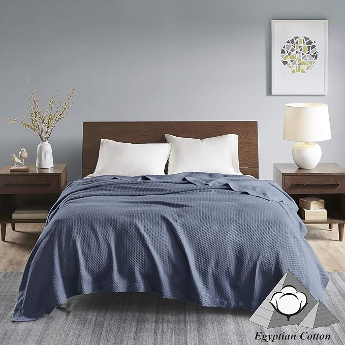 Madison Park Soft Certified 100% Egyptian Cotton Breathable Cozy Blanket, Premium Waffle Knit Classic Design Luxury All Season Lightweight Cover for Bed, Couch and Sofa, Twin, Blue