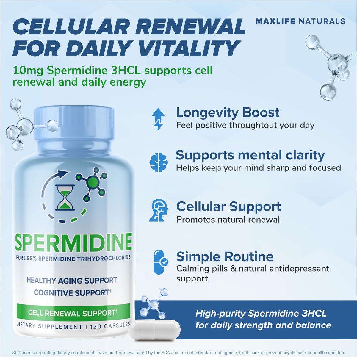 Pure Spermidine Supplement with Trihydrochloride 3HCL 10mg - 120 Capsules - Spermidine Supplements for Women for Brain, Vitality, Cell Repair Supplement for Men Supplements