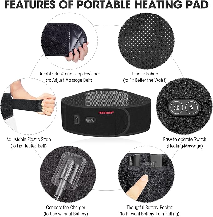 Heated Waist Belt, Cordless Heating Pad for Low Back,Gift for Father's Day,Electrical Heating and Massage, Rechargeable Battery Powered