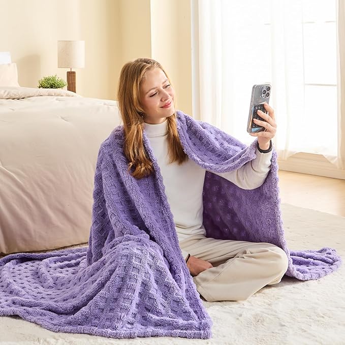 NEWCOSPLAY Super Soft Queen Blanket Lavender Premium Silky Flannel Fleece 3D Waffle Checkered Lightweight Bed Blanket All Season Use (Lavender, Queen(90"x90"))