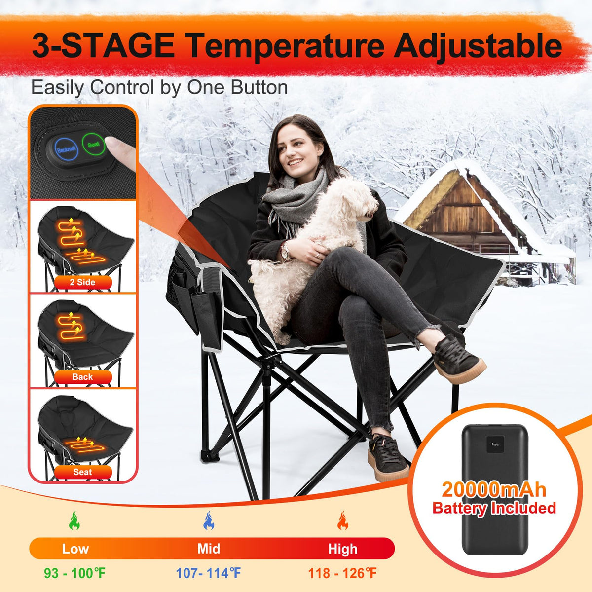 Slendor Oversized Heated Camping Chair with Power Bank, Portable Lounge Lawn Chairs, 3-Level Heats Padded Camping Chairs with Pillow, Storage Bag,10S Quick Heat, Extra Large, Supports 440lbs, Black