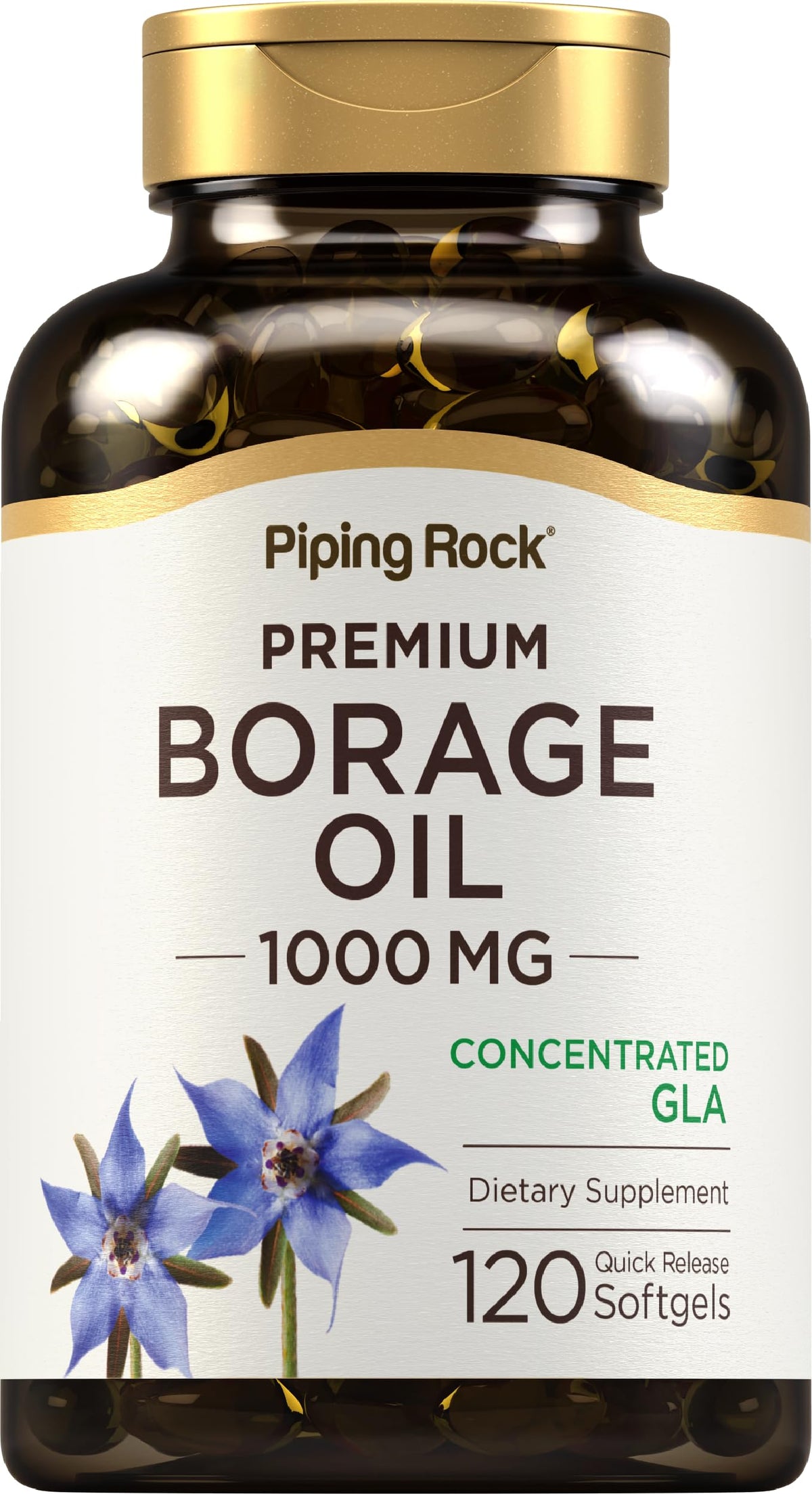 Piping Rock Borage Oil Supplement 1000mg | 120 Softgel Capsules | Omega 3 6 9 | Cold Pressed and Hexane Free | Non-GMO, Gluten Free