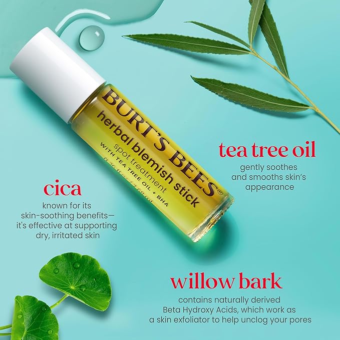 Burt’s Bees Clear and Balanced Herbal Blemish Stick, with Tea Tree Oil, On-the-Go Blemish Care, Unclogs Pores, Use with Skincare Products, 2-Pack, 0.26 fl. oz.