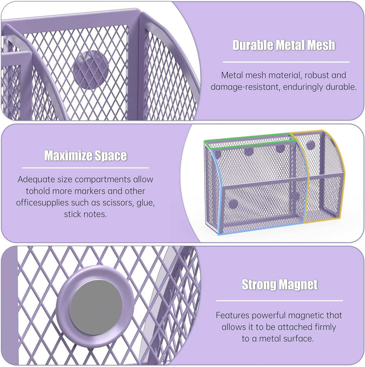 YINGHUA Strong Magnetic Pen Holder for Whiteboard and Refrigerator 3 Compartments Metal Mesh Organizer Space Saving Shelf for Office School Home and Locker - Purple