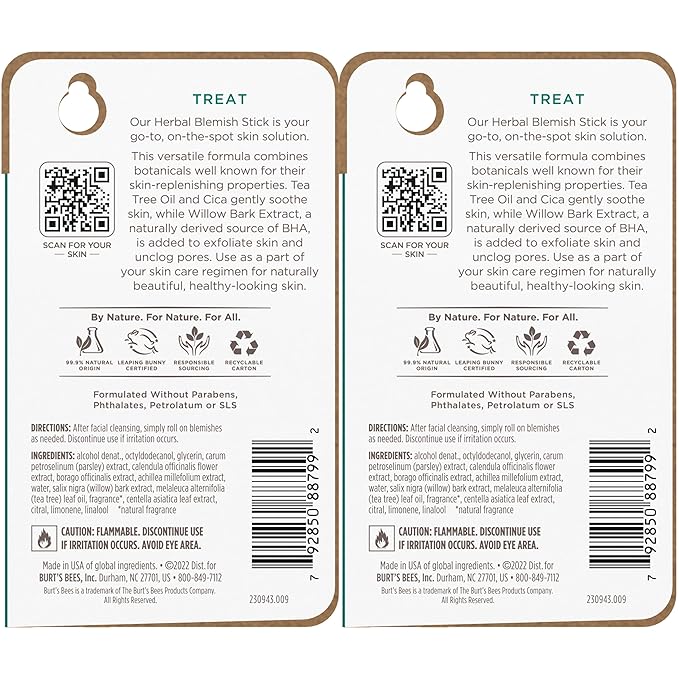 Burt’s Bees Clear and Balanced Herbal Blemish Stick, with Tea Tree Oil, On-the-Go Blemish Care, Unclogs Pores, Use with Skincare Products, 2-Pack, 0.26 fl. oz.