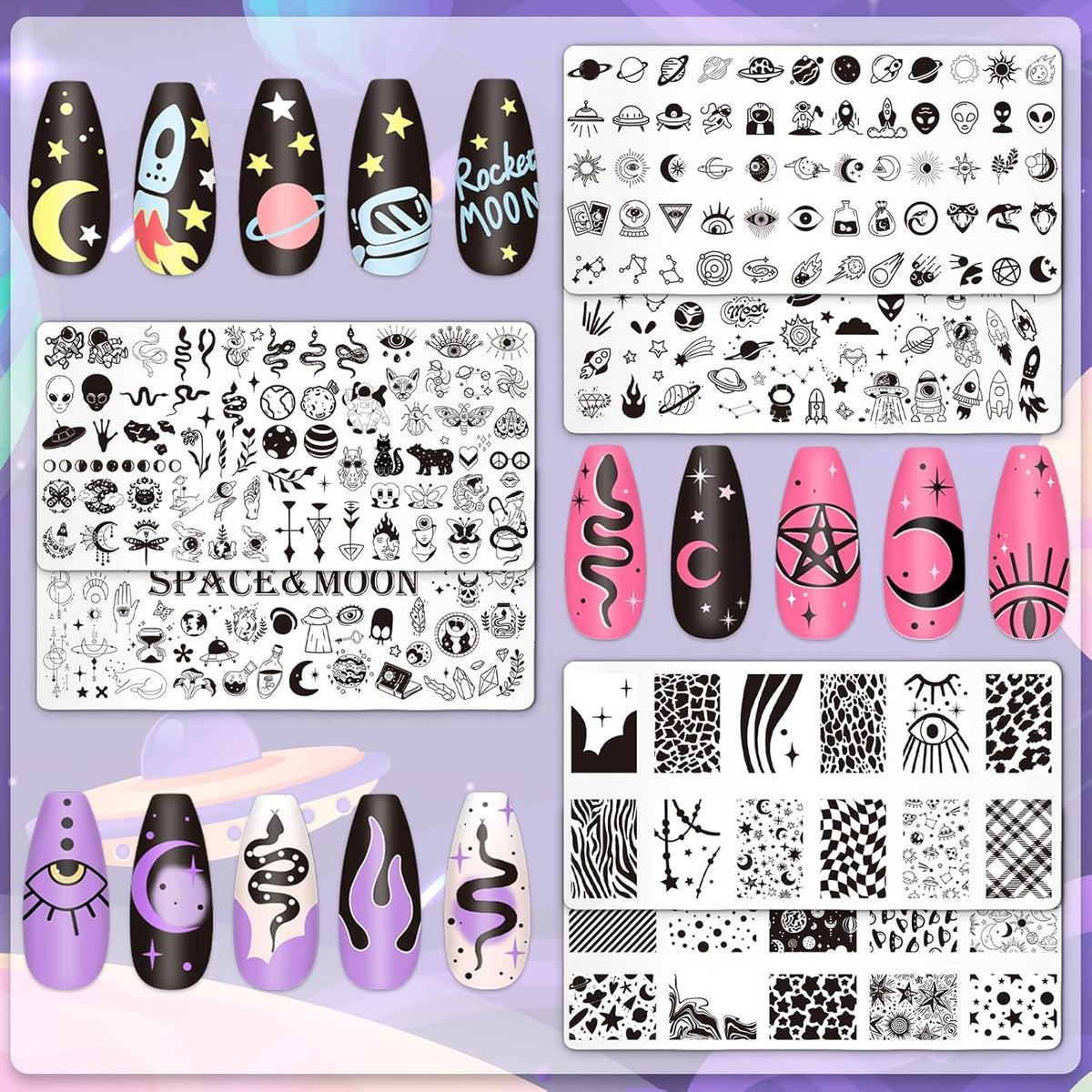 Whaline 6Pcs Outer Space Nail Plates Stamping Set Rocket Moon Planet Astronaut Stamp Templates Nail Art Plates for DIY Print Manicure Salon Design