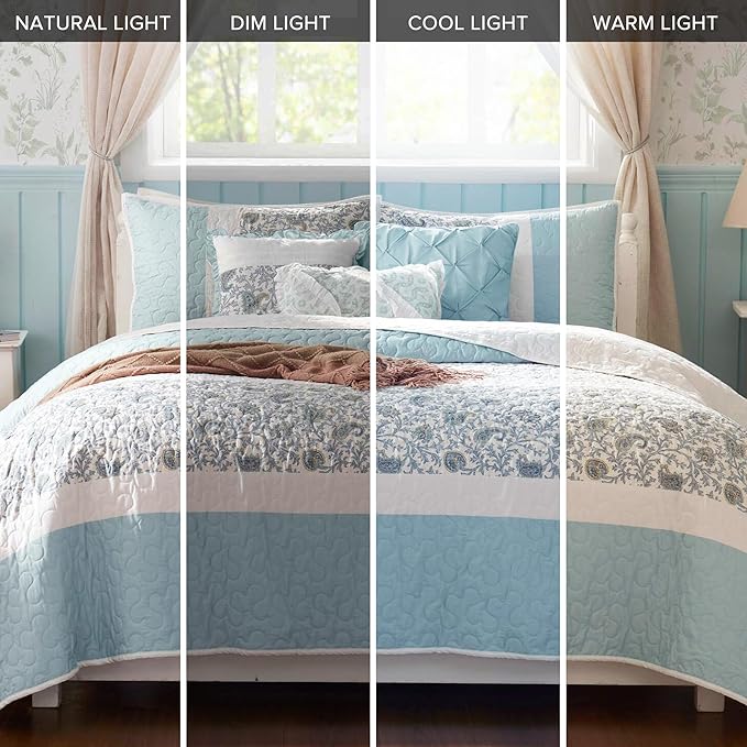 Madison Park 100% Cotton Quilt Set Floral Print, Double Sided Stitching, All Season, Lightweight Coverlet Shabby Chic Bedding Layer, Matching Shams, King/Cal King, Light Teal 6 Piece , Aqua