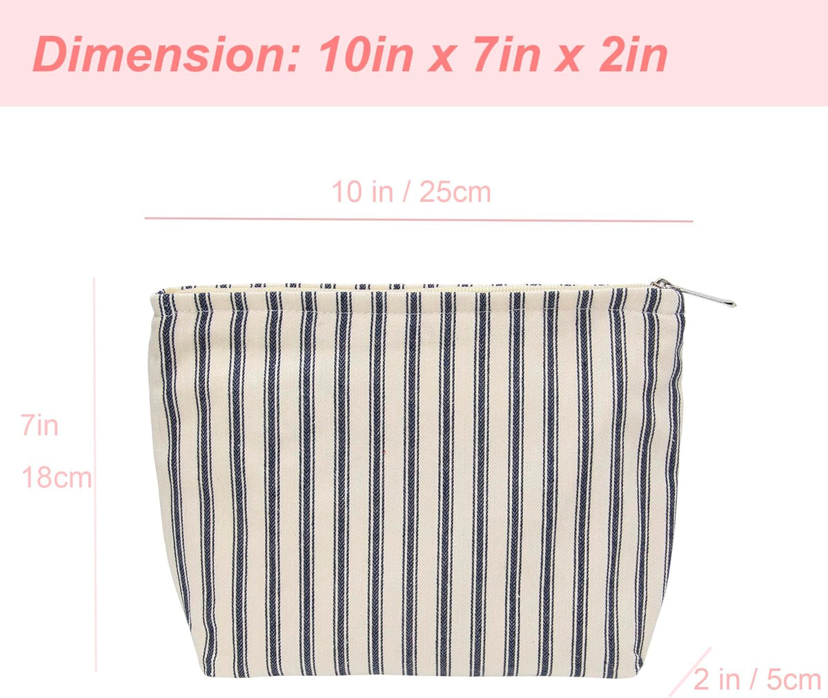 PAZIMIIK Makeup Bag Large Cotton Zipper Pouch for Purse Travel Canvas Make Up Organizer for Women Cosmetic,Vintage Stripe Navy Blue