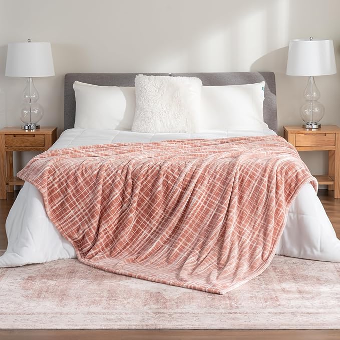 Berkshire Blanket-Classic Heavyweight Soft Printed VelvetLoft® Plush Warm Blanket, Twin Size Soft Fuzzy Blanket for Couch Sofa Bed, Watercolor Plaid Blush, 60in x 90in