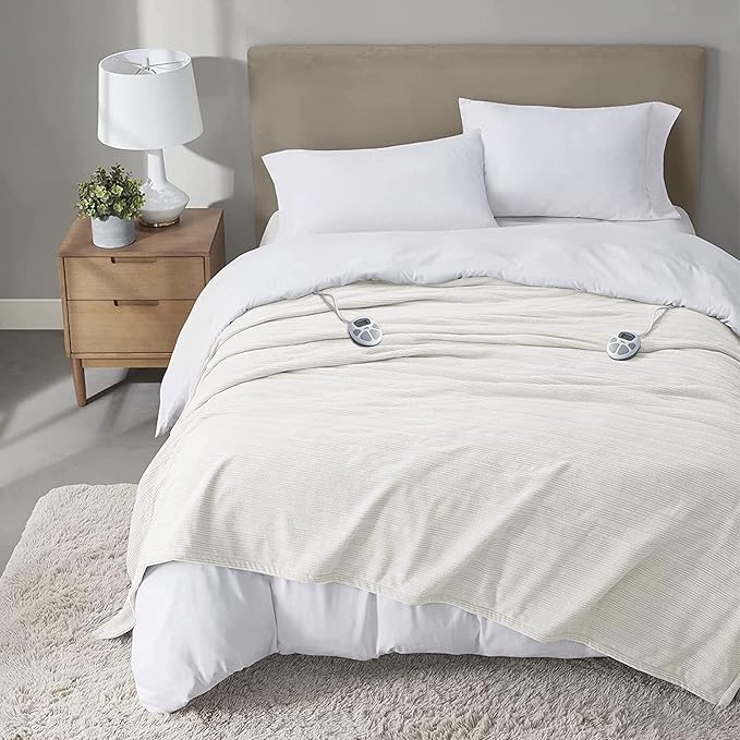 Serta Travis Fleece Ultra Soft Tri-Rib Textured Electric Blanket, Cozy and Snuggly Cover Fast Heating for Cold Weather, Auto Shut Off, Multi Heat Setting Controller, King, Cream