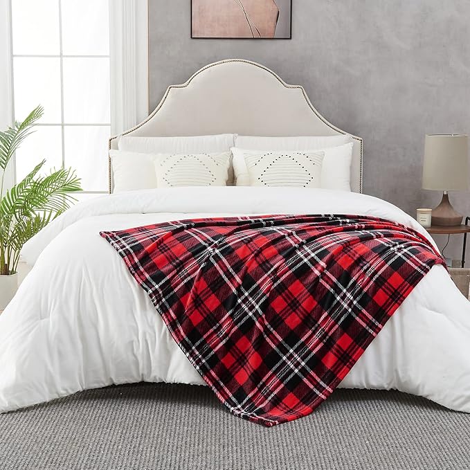 SOCHOW Flannel Fleece Throw Blanket 50 x 60 Inches, All Season Plaid Red/Grey Blanket for Bed, Couch, Car
