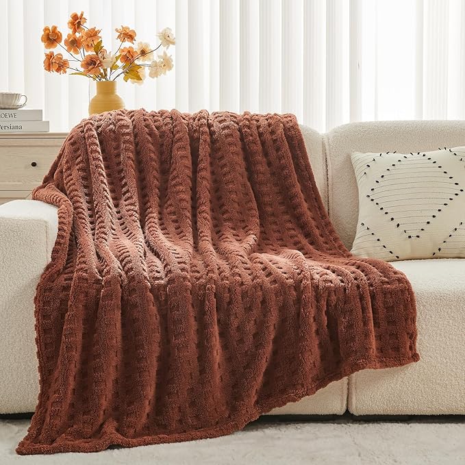 NEWCOSPLAY Super Soft King Blanket Coffee Premium Silky Flannel Fleece 3D Waffle Checkered Lightweight Bed Blanket All Season Use (Coffee, King(90"x110"))