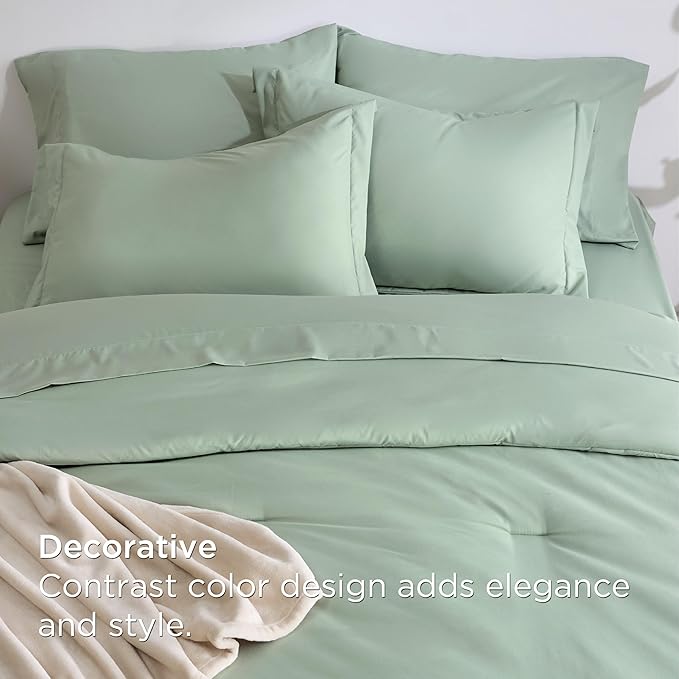 Bedsure Queen Comforter Set Sage Green, 8 Pieces Prewashed Queen Size Bed in a Bag with Soft Fleece Bed Blanket, Down Alternative Bedding Set for All Seasons, Sheets, Pillowcases & Shams