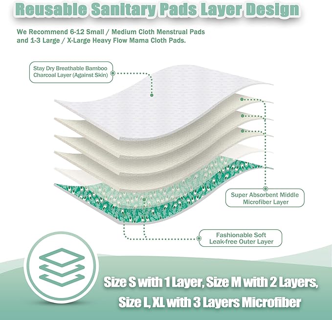 wegreeco Reusable Menstrual Pads - Reusable Sanitary Pads | Reusable Panty Liners | Soft Cloth Menstrual Pads - 6 Pack with 1 Cloth Mini Wet Bag (Large, Peacock